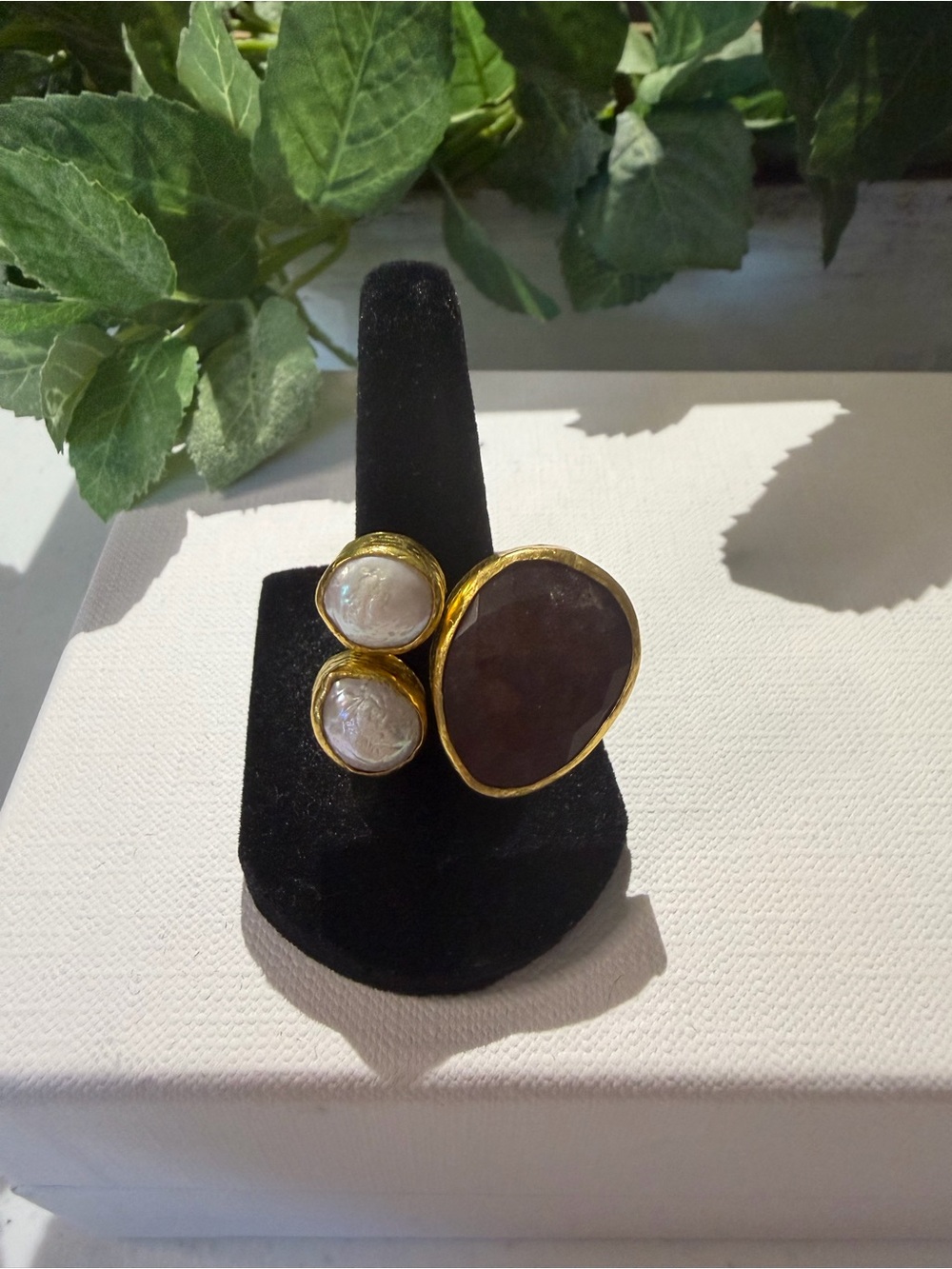 Gold-Tone Triple Stone Statement Ring with Brown and Pearl Accents
